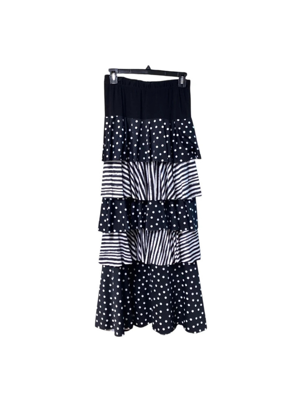 Come N See Womens Long Maxi Ruffled Tiered Skirt Geometric Black/White Sz 1X EUC
